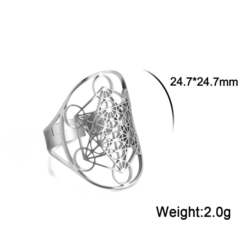 Bague cube de Métatron argentée, motif ajouré vu de dessus