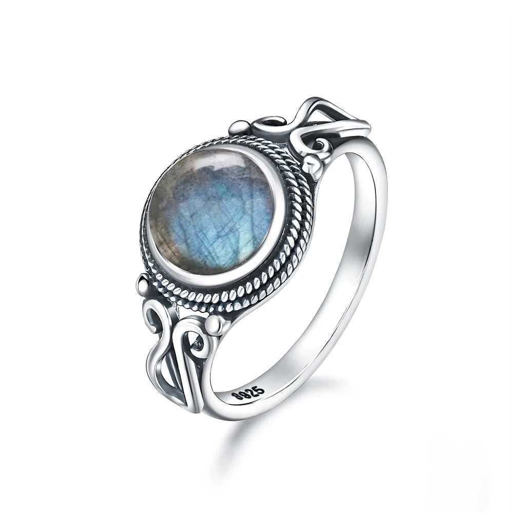 Bague labradorite argent 925, reflets bleu-vert du cabochon