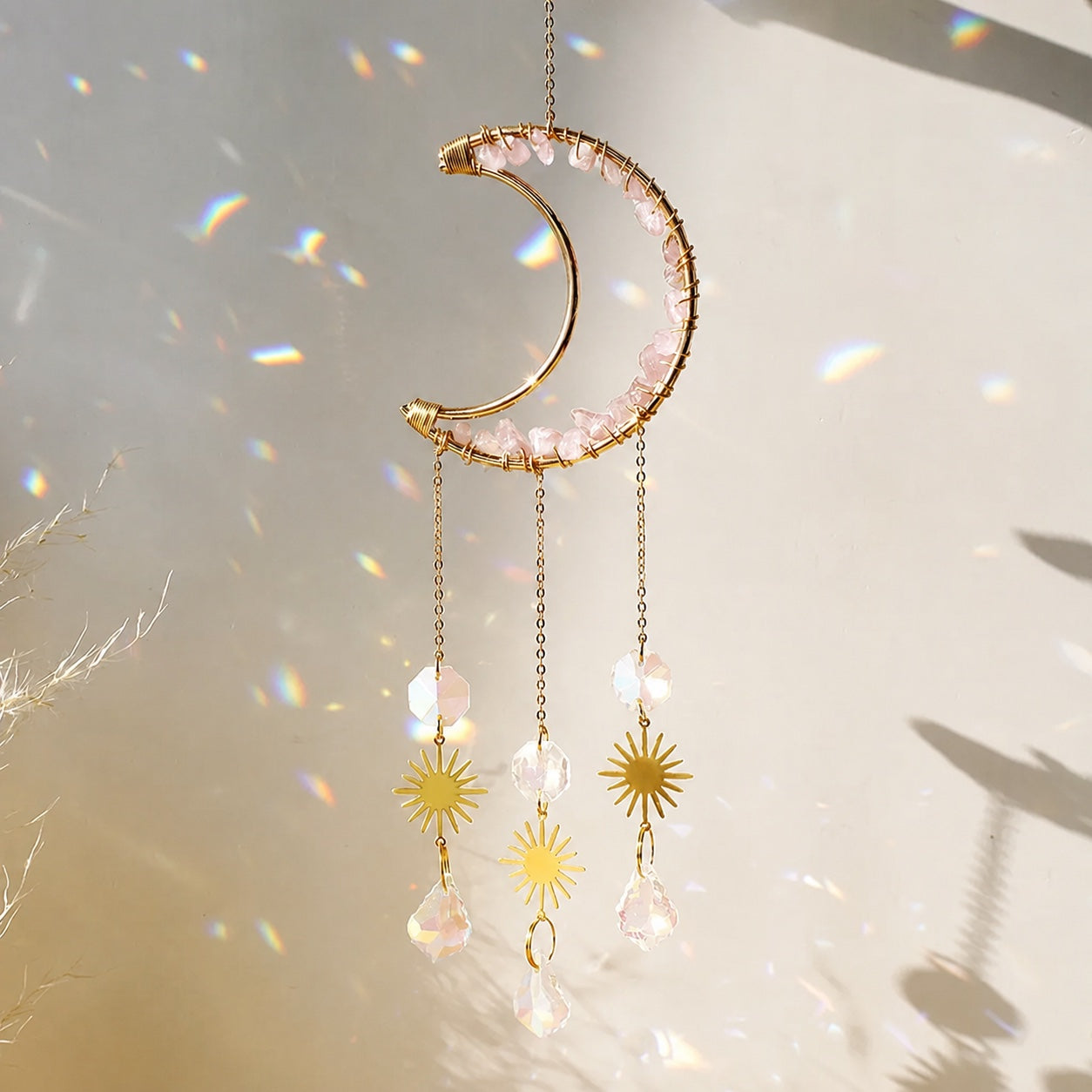 Attrape-Soleil Améthyste et Cristal — Suncatcher Lune — Lune Quartz Rose