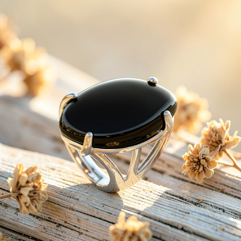 Bague Onyx Noir réglable, cabochon de pierre naturelle, sur bois flotté