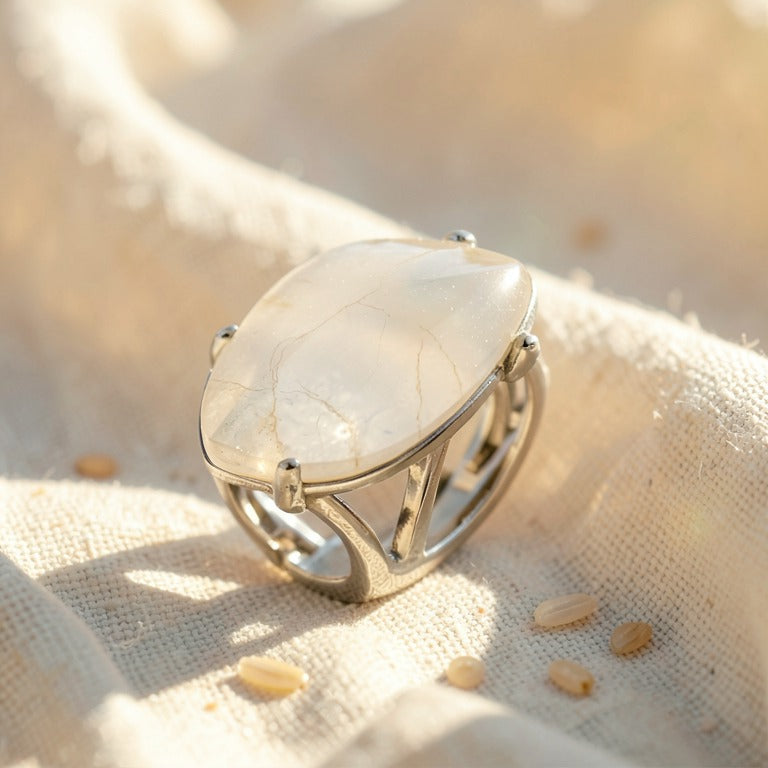 Bague Quartz Blanc réglable en pierre naturelle, présentée sur du lin écru