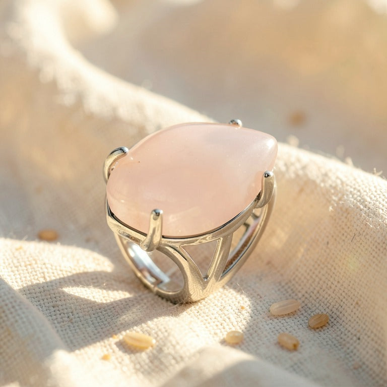 Bague Quartz Rose réglable en pierre naturelle, présentée sur du lin écru