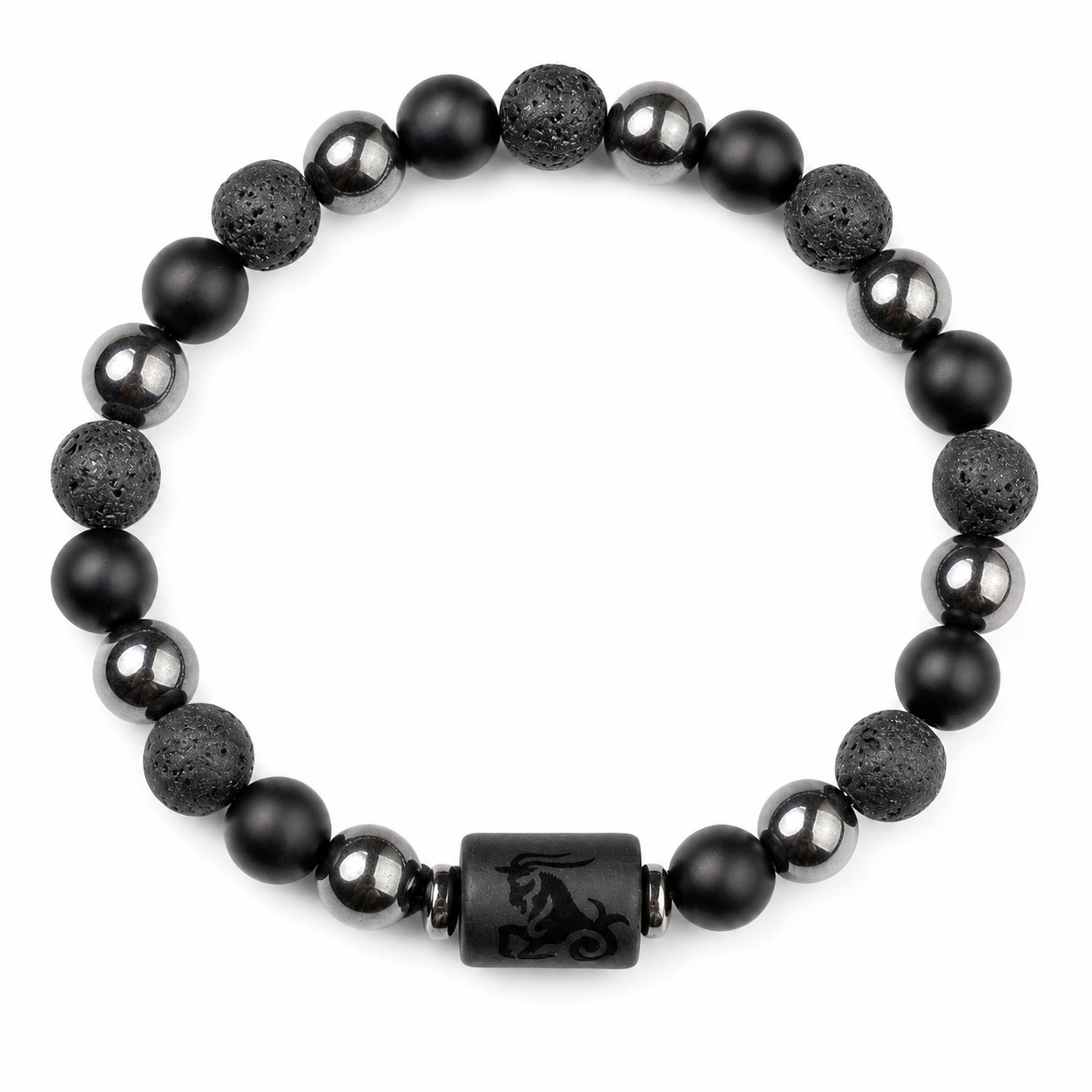 Bracelet signe astrologique Capricorne — lave, hématite et onyx | Source Sacrée