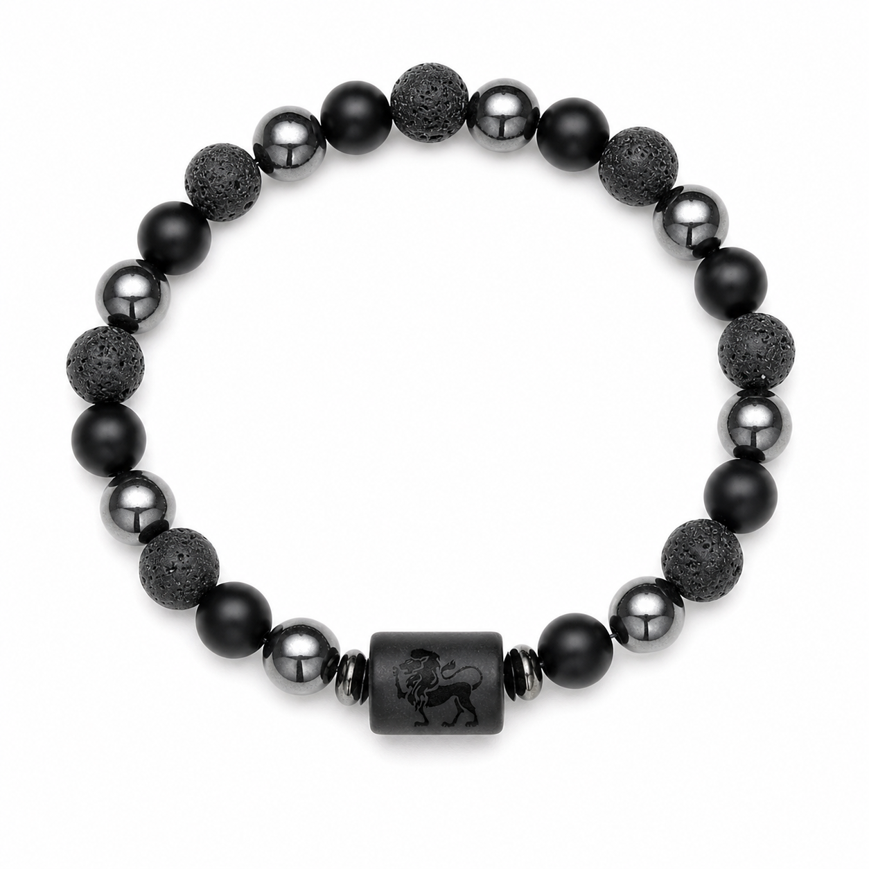 Bracelet signe astrologique Lion — lave, hématite et onyx | Source Sacrée