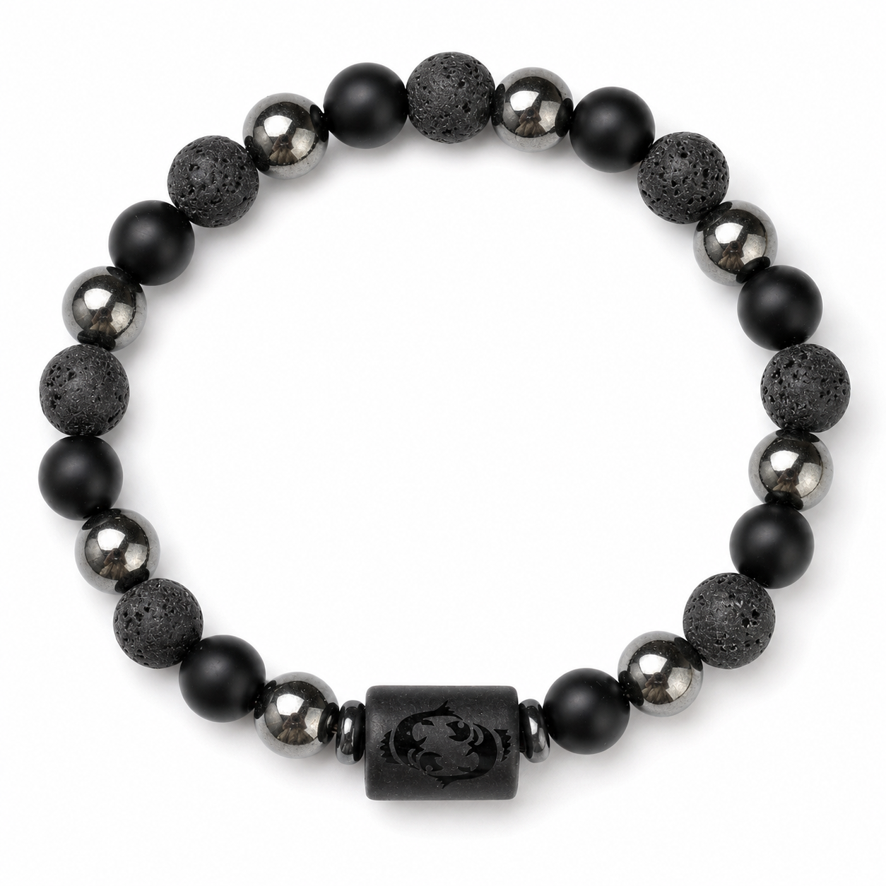 Bracelet signe astrologique Poissons — lave, hématite et onyx | Source Sacrée