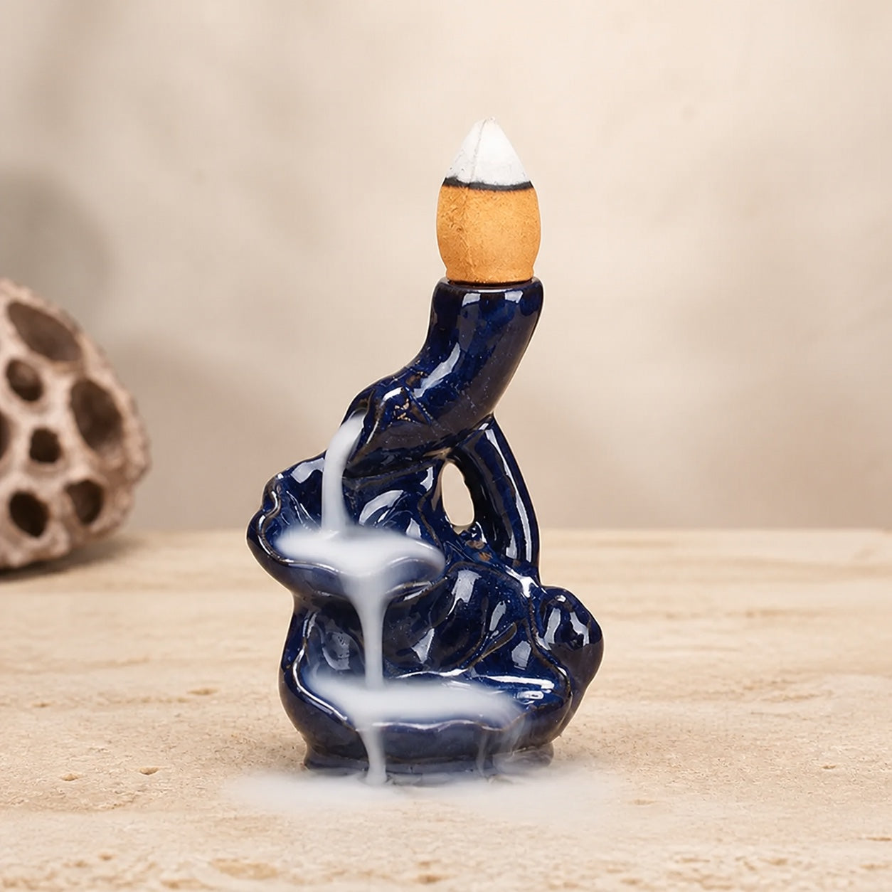 Brûle-Encens à Reflux en Céramique — Cascade de Fumée — Cascade Bleue