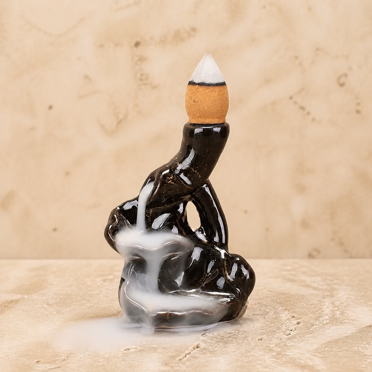 Brûle-Encens à Reflux en Céramique — Cascade de Fumée — Cascade Noire