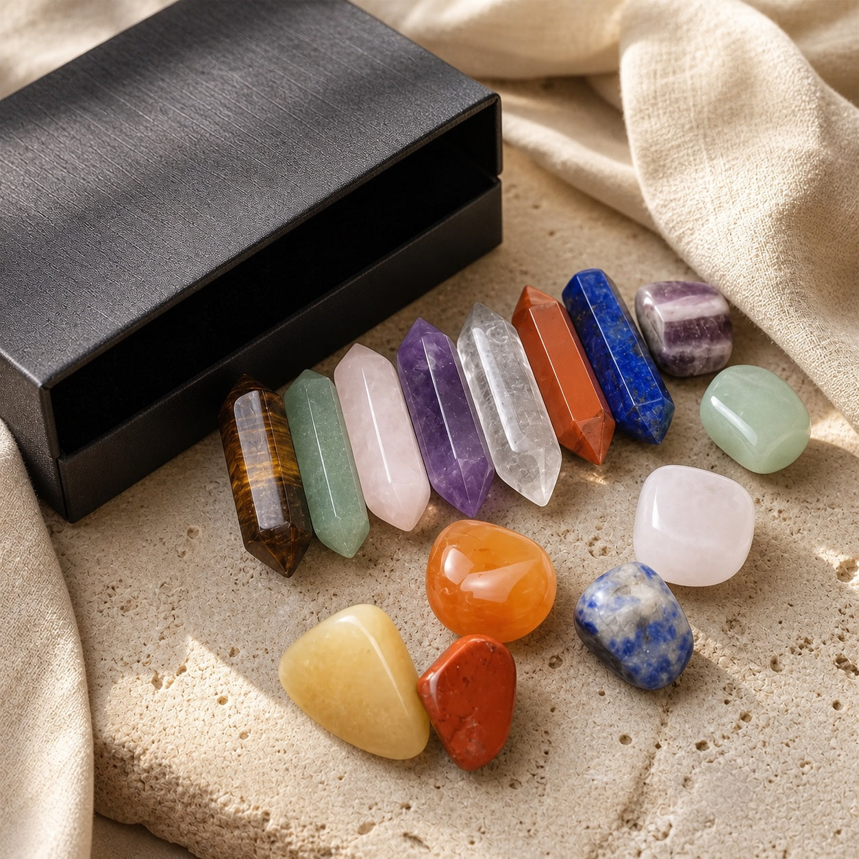 Coffret 14 Pierres Naturelles et Pointes de Cristal — 7 Chakras — hero