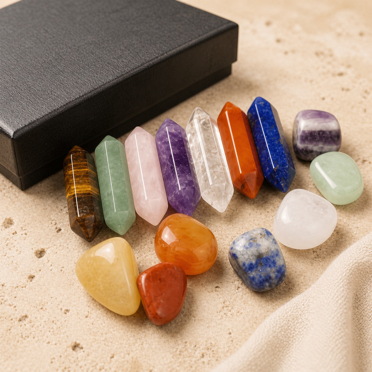 Coffret 14 Pierres Naturelles et Pointes de Cristal — 7 Chakras — macro