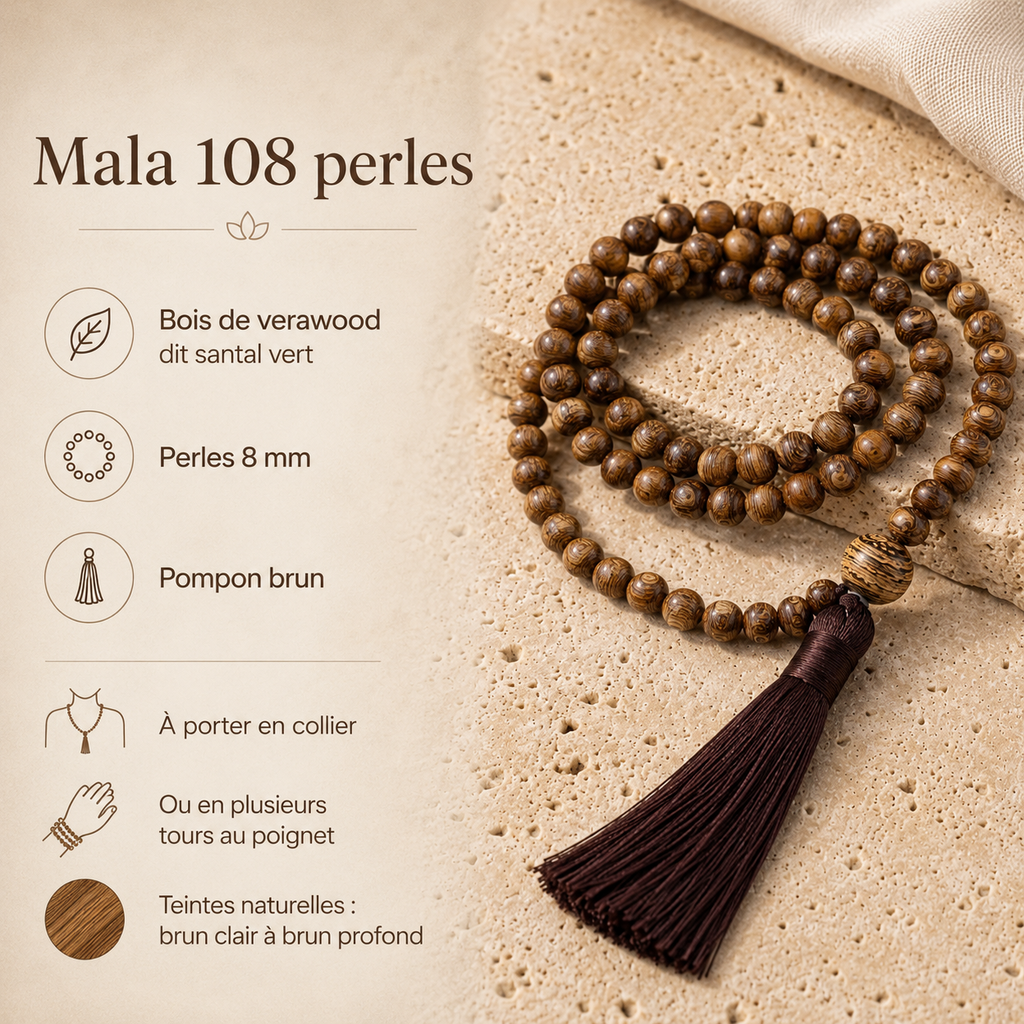 Mala 108 Perles en Bois Teinté Finition Vieillie à Pompon - lithothérapie | Source Sacrée