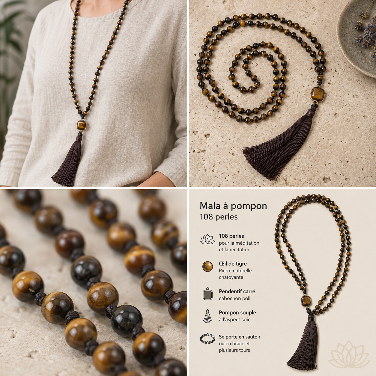 Mala à Pompon 108 Perles — Œil de Tigre ou Onyx Noir