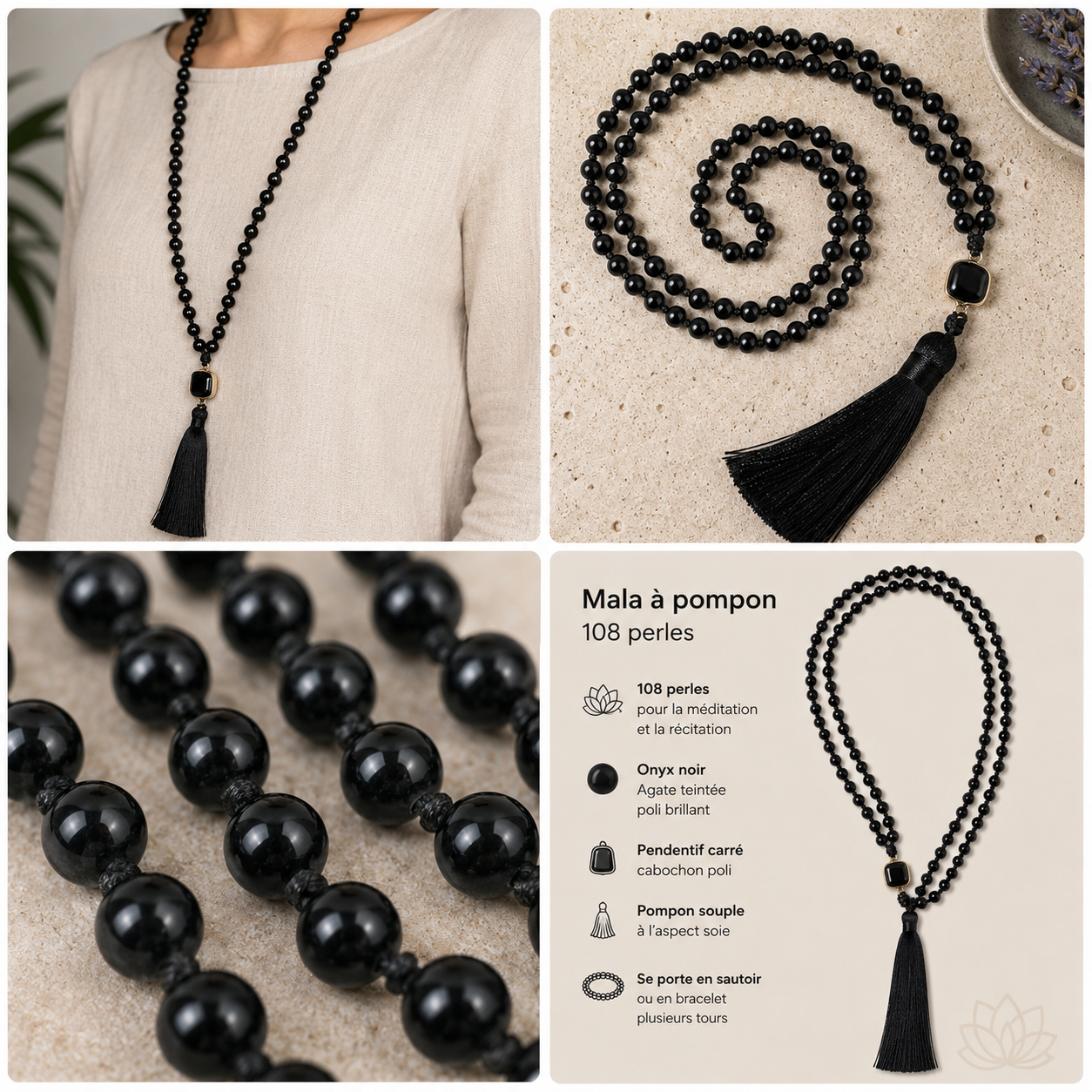 Mala à Pompon 108 Perles — Œil de Tigre ou Onyx Noir