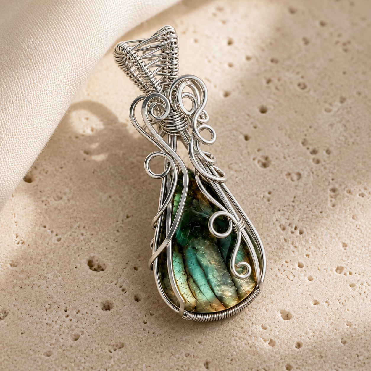 Collier labradorite femme serti fil de cuivre — Goutte argentée — détail macro