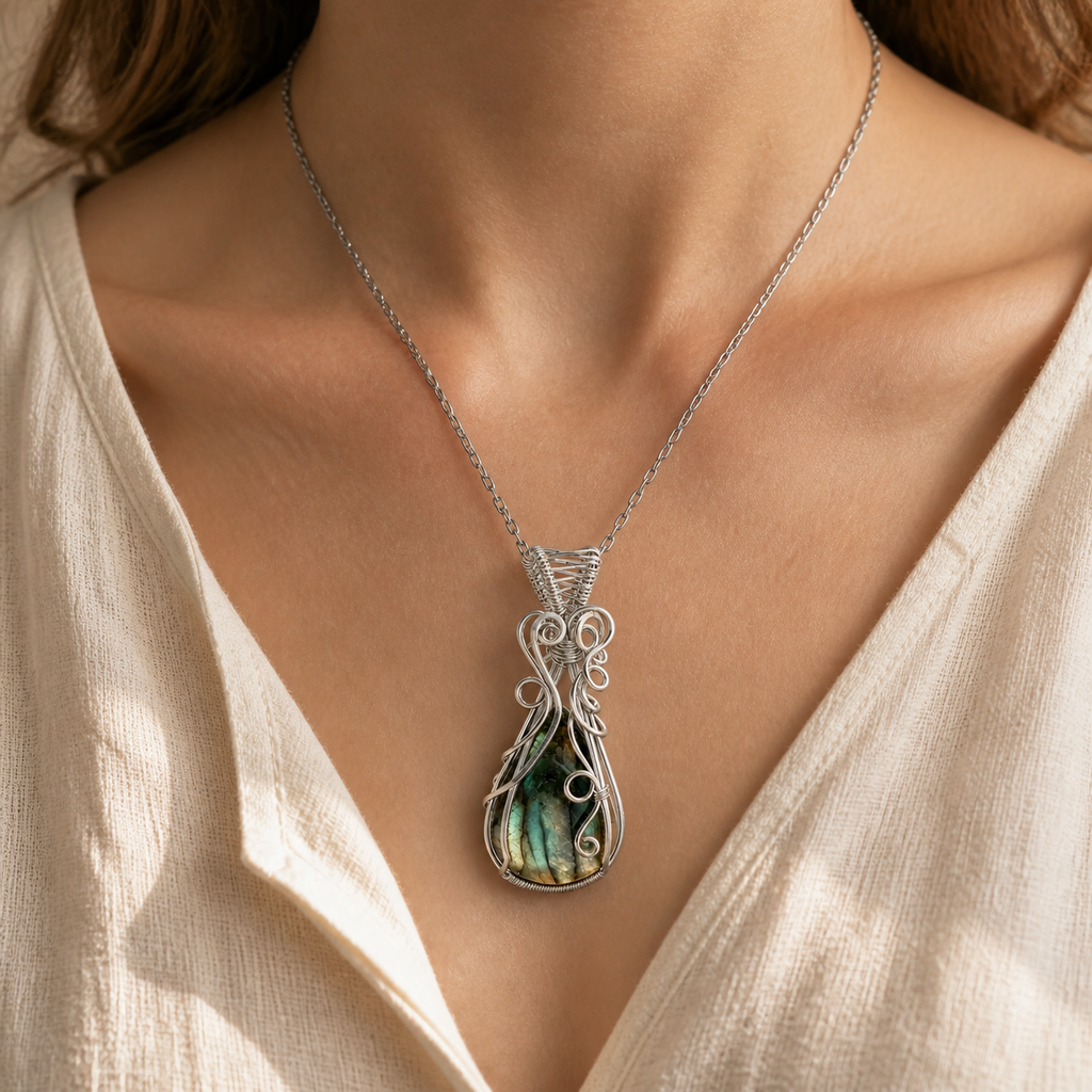 Collier labradorite femme serti fil de cuivre — Goutte argentée — porté