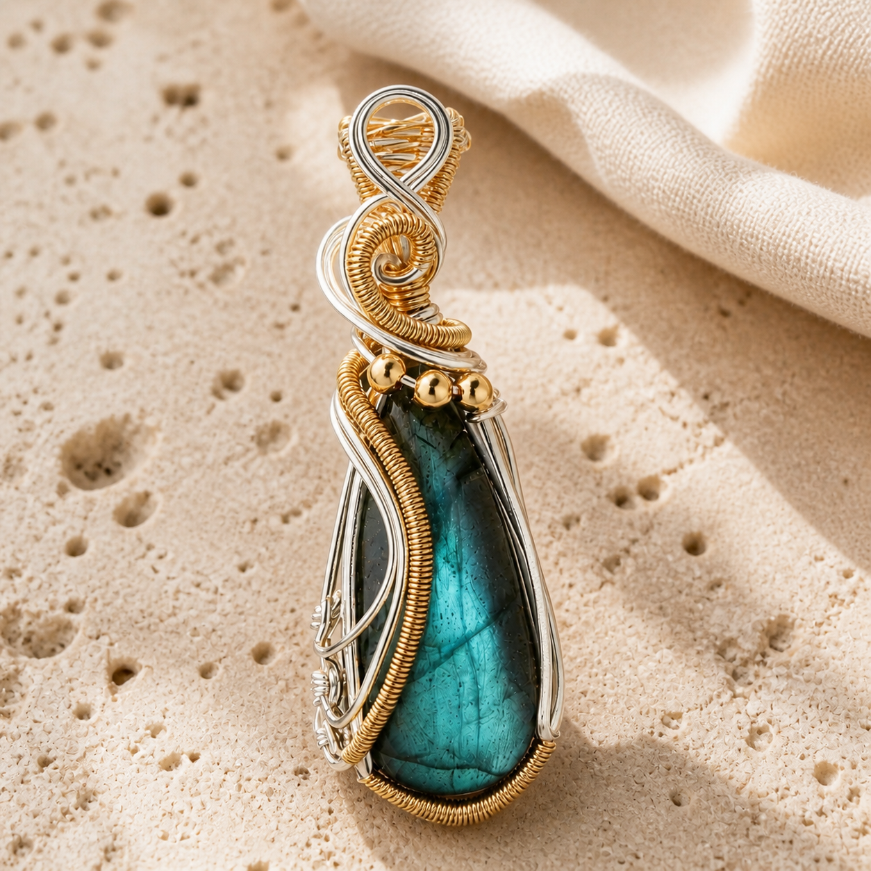 Collier labradorite femme serti fil de cuivre — Goutte bicolore — détail macro