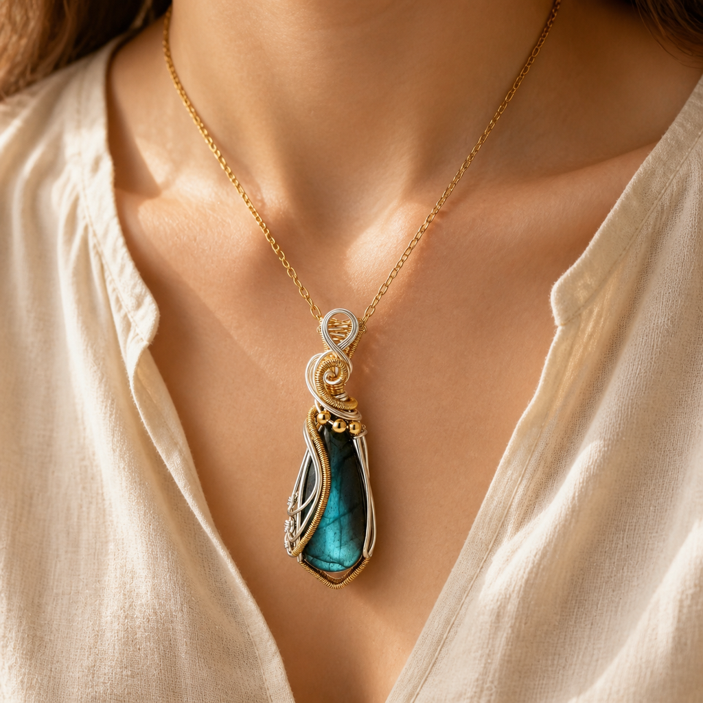 Collier labradorite femme serti fil de cuivre — Goutte bicolore — porté