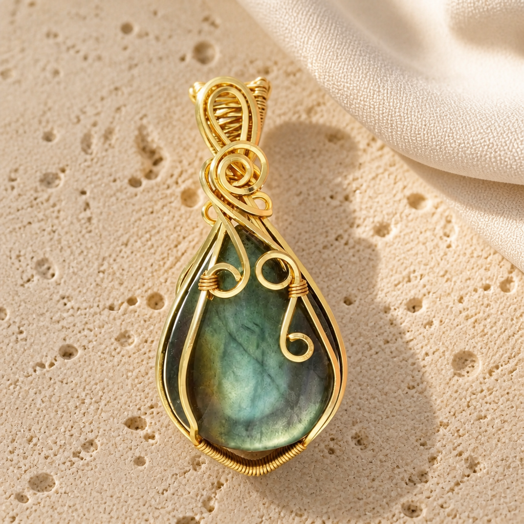 Collier labradorite femme serti fil de cuivre — Goutte dorée — détail macro