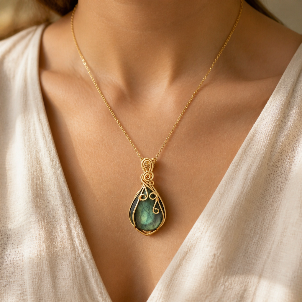 Collier labradorite femme serti fil de cuivre — Goutte dorée — porté