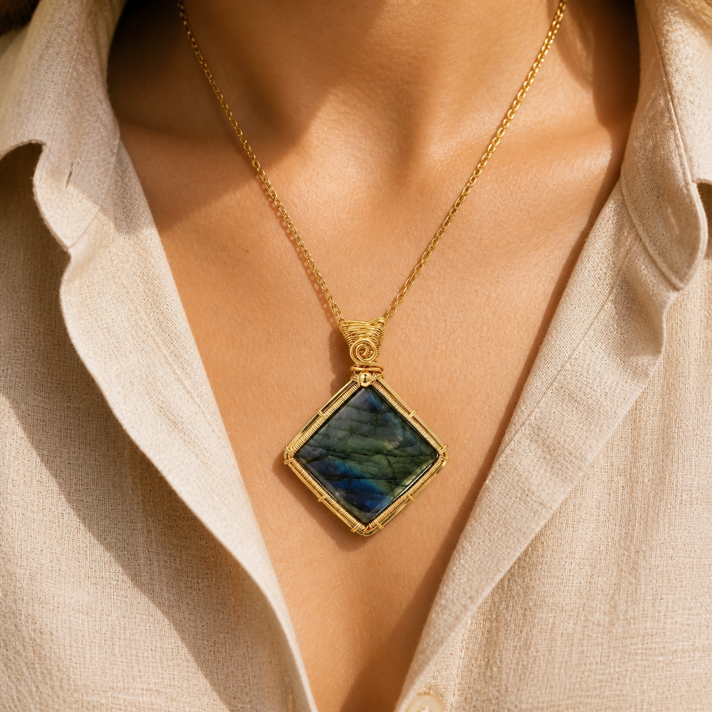 Collier labradorite femme serti fil de cuivre — Losange doré — porté
