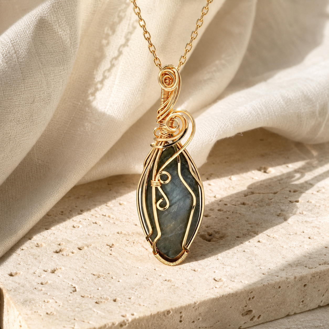 Collier labradorite femme serti fil de cuivre — Modèle B