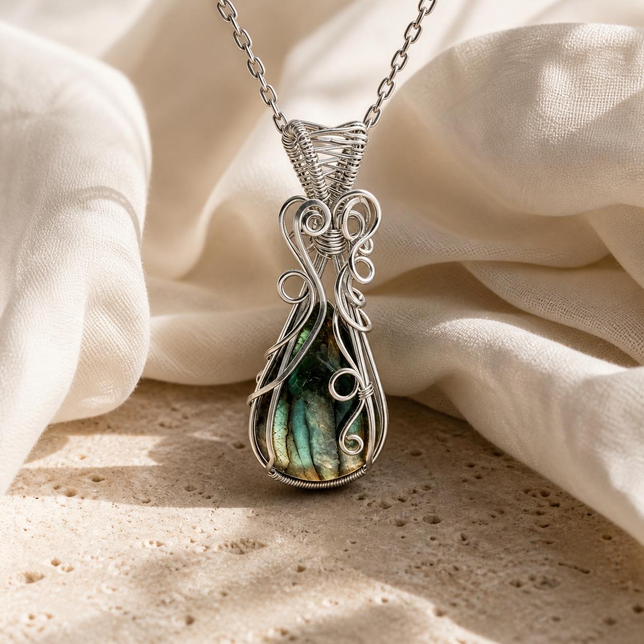 Collier labradorite femme serti fil de cuivre — Modèle C