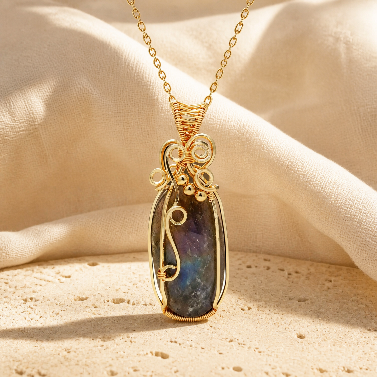 Collier labradorite femme serti fil de cuivre — Modèle D