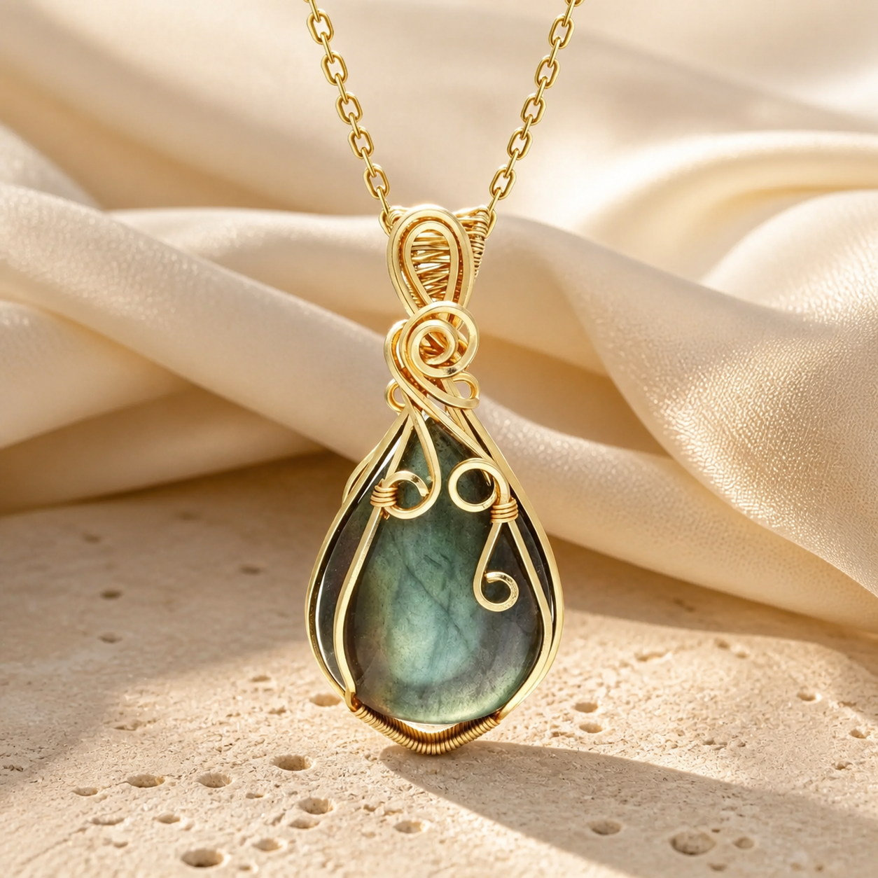 Collier labradorite femme serti fil de cuivre — Modèle E
