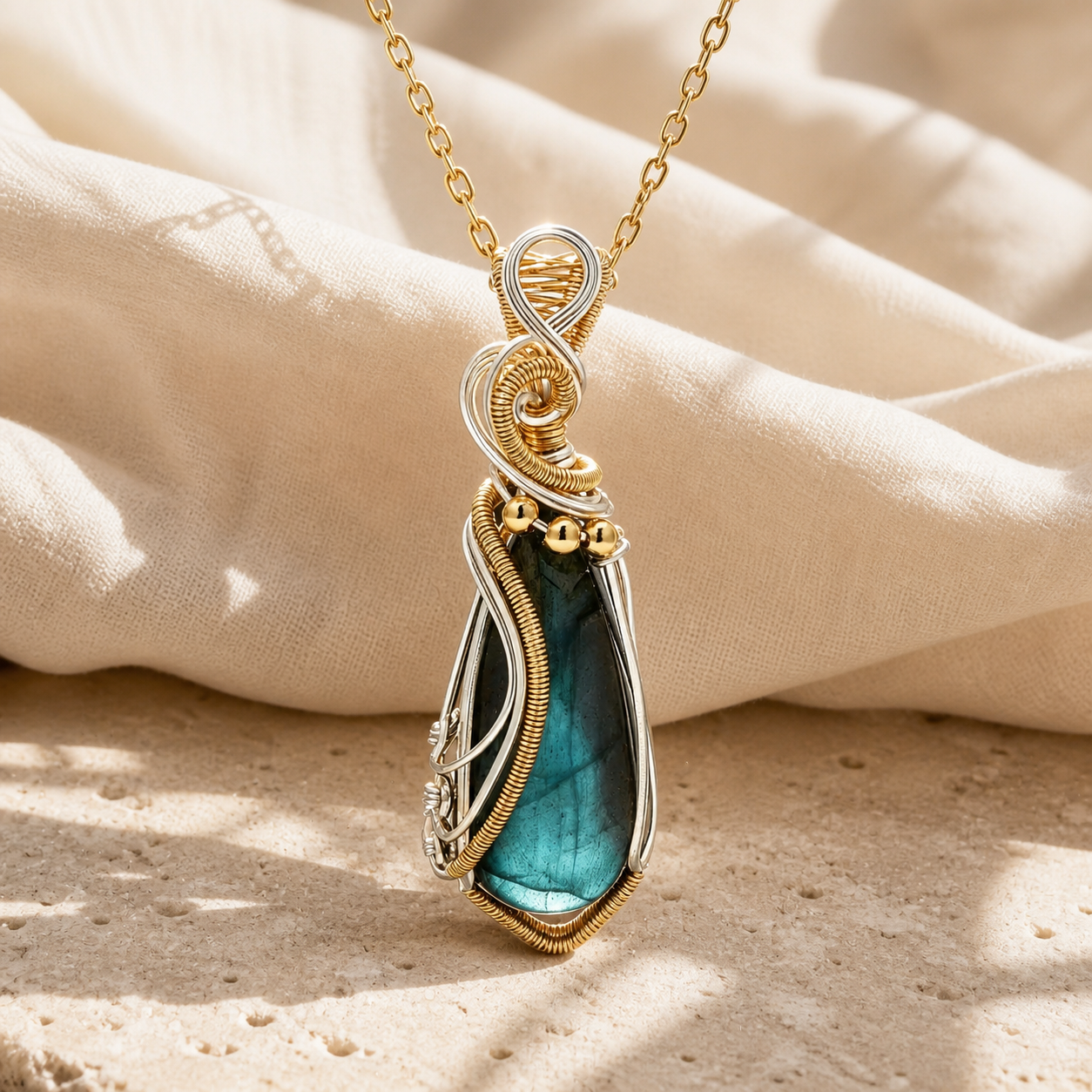 Collier labradorite femme serti fil de cuivre — Modèle F