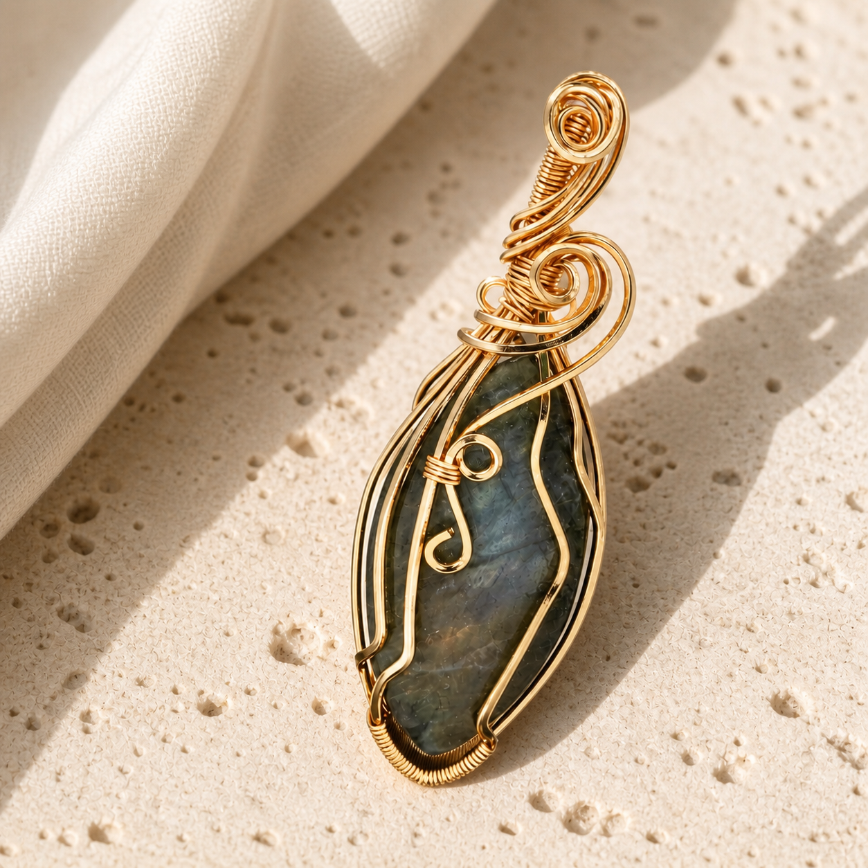 Collier labradorite femme serti fil de cuivre — Navette dorée — détail macro