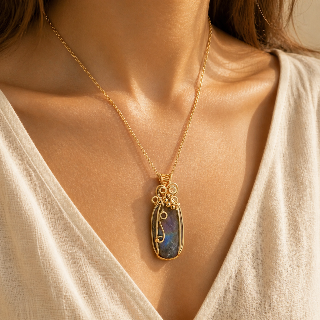 Collier labradorite femme serti fil de cuivre — Ovale arabesque doré — porté