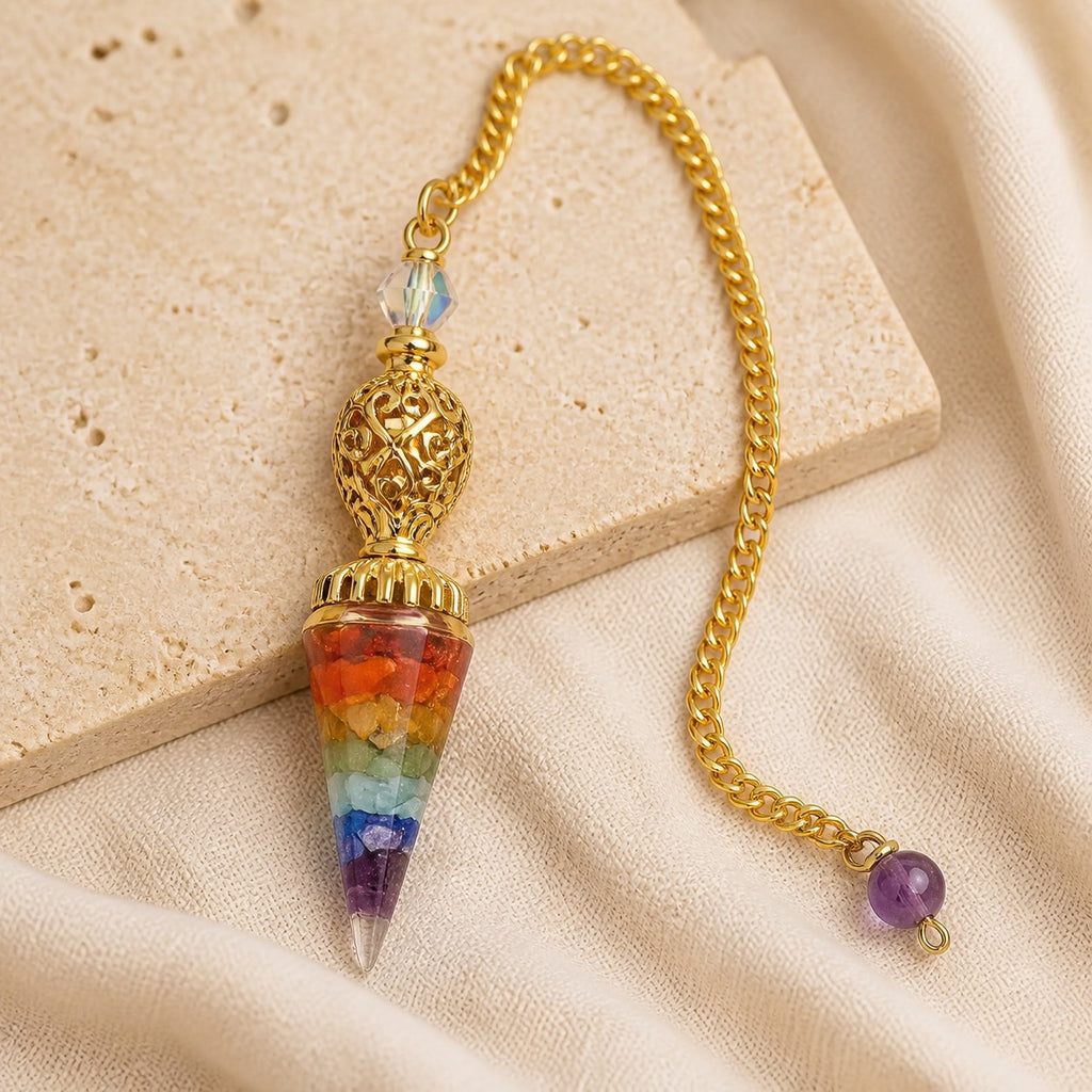 Pendule Divinatoire en Pierre Naturelle — Radiesthésie — 7 Chakras