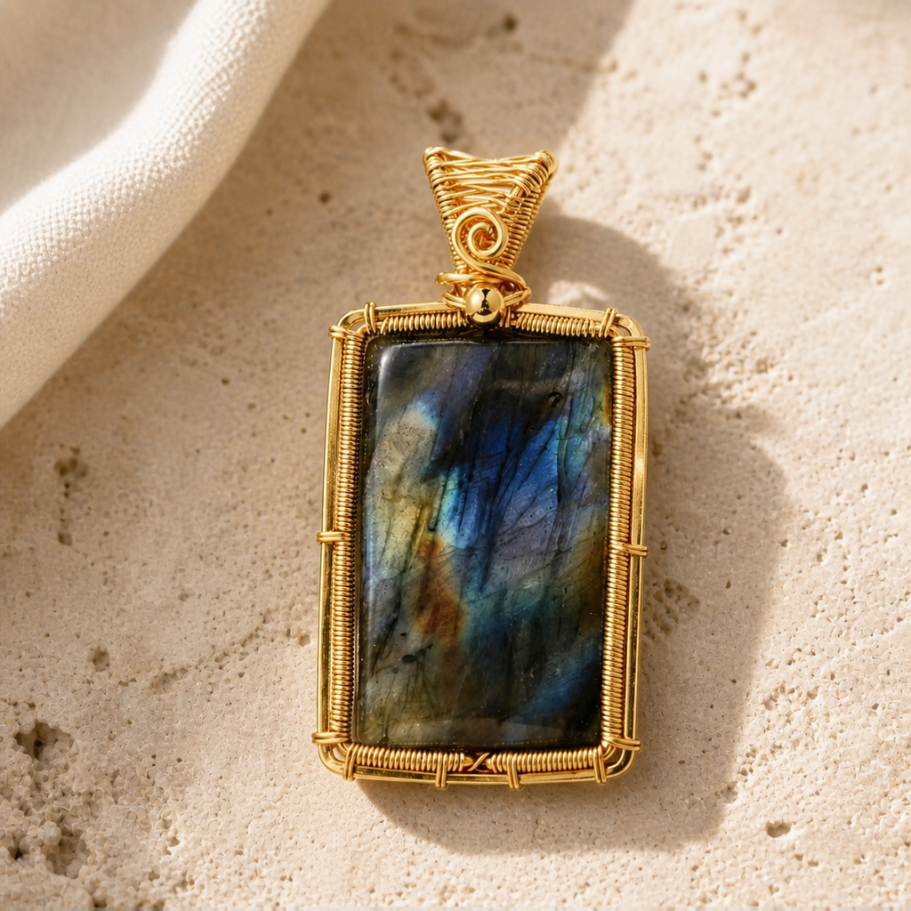 Collier labradorite femme serti fil de cuivre — Rectangle doré — détail macro