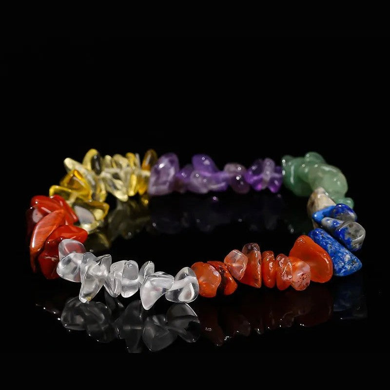 Bracelet 7 chakras en éclats de pierres naturelles brutes multicolores