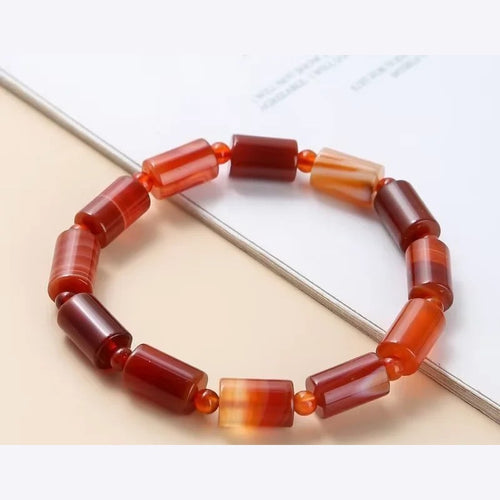 Bracelet agate rubanée cornaline 8 mm, perles tubes rouge orangé