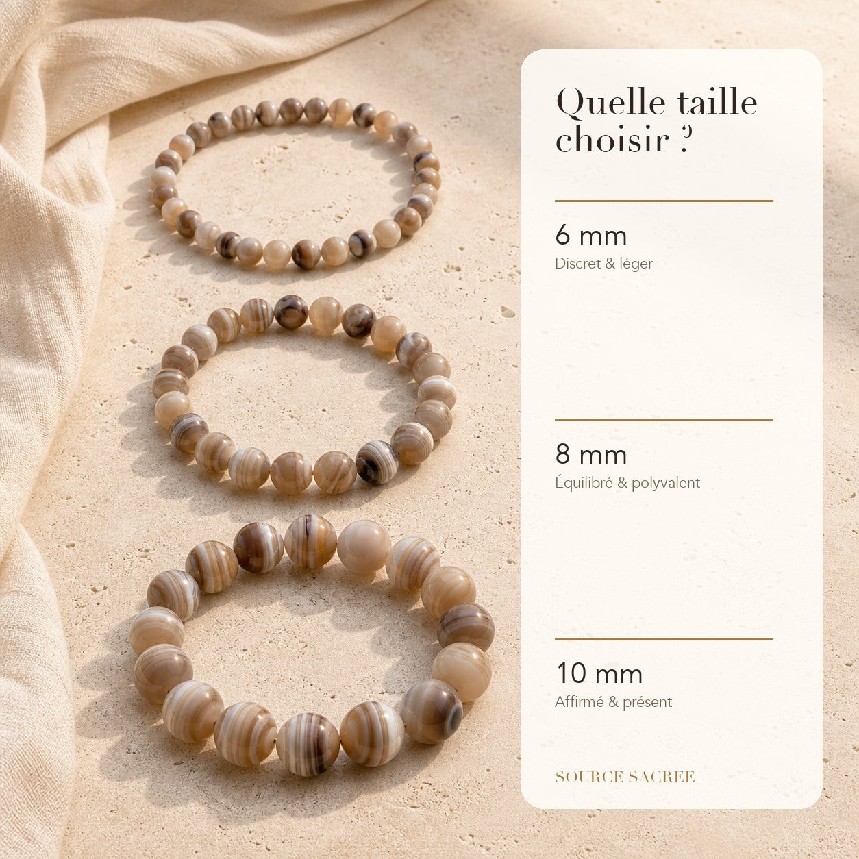 Bracelet Agate : comparaison des perles 6 mm, 8 mm et 10 mm