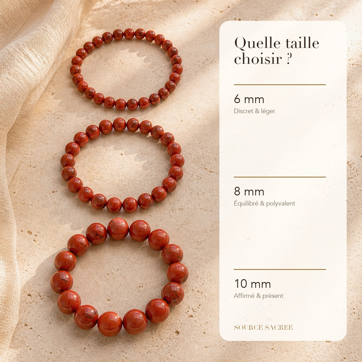 Bracelet Jaspe Rouge : comparaison des perles 6 mm, 8 mm et 10 mm