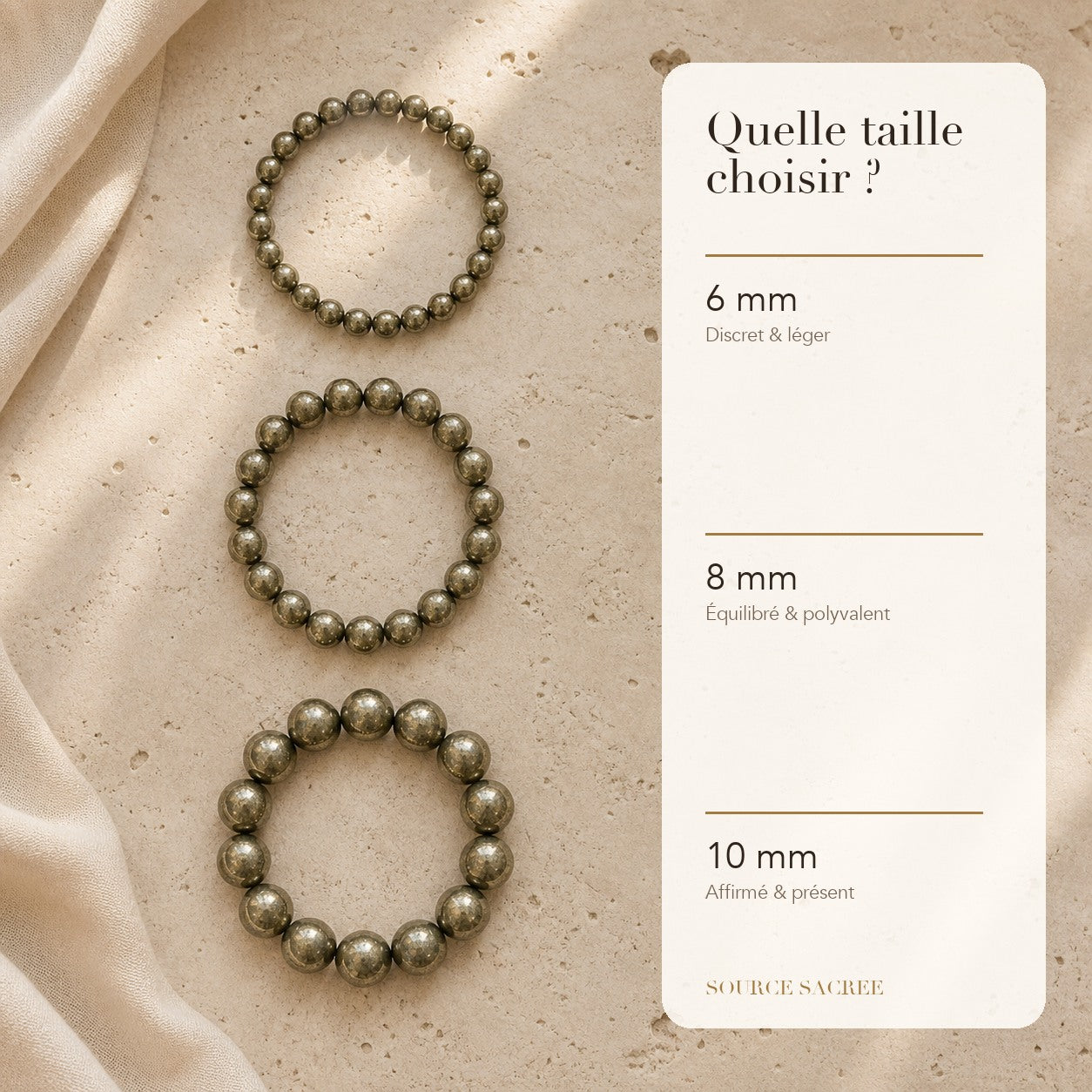 Bracelet Pyrite : comparaison des perles 6 mm, 8 mm et 10 mm