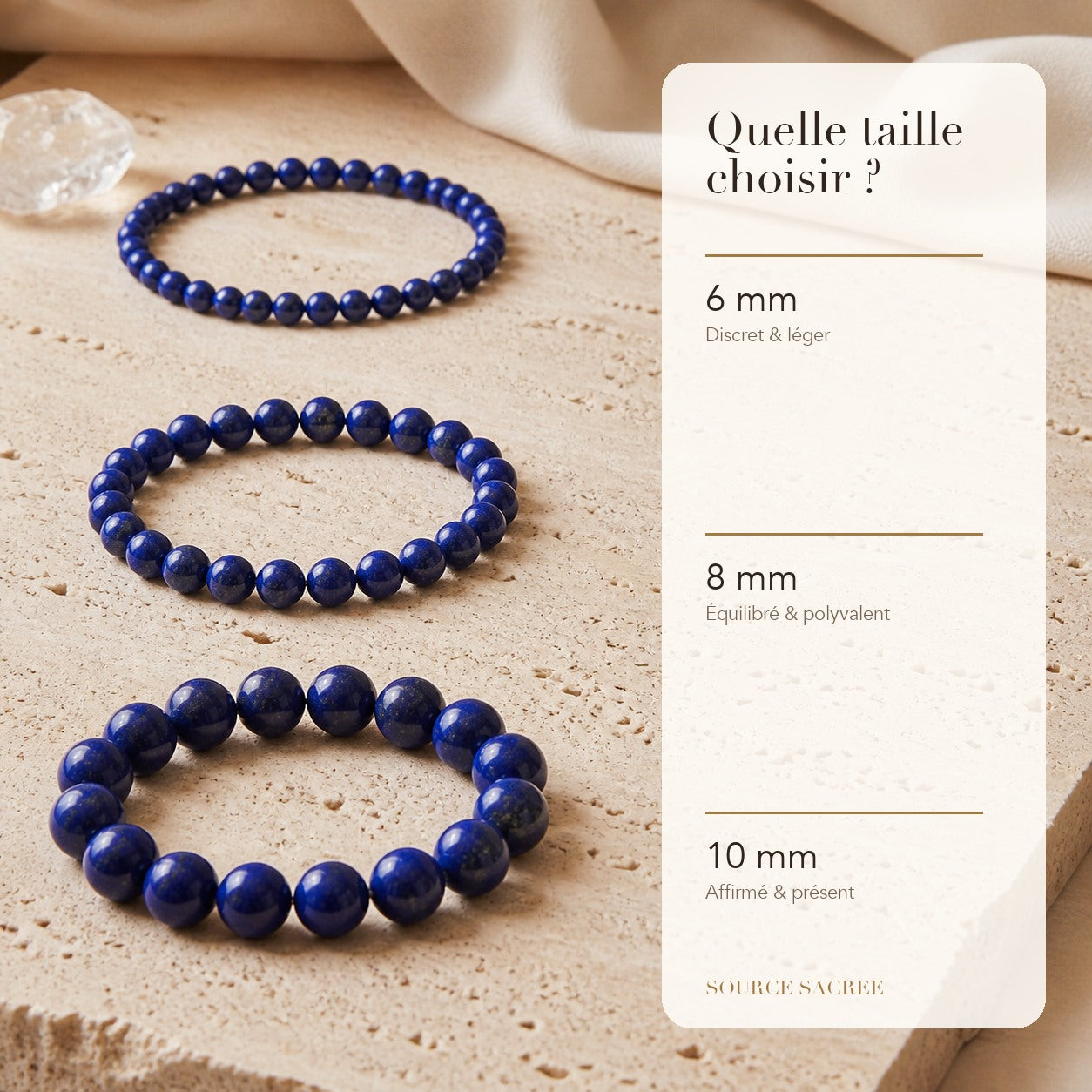 Bracelet Lapis-Lazuli : comparaison des perles 6 mm, 8 mm et 10 mm