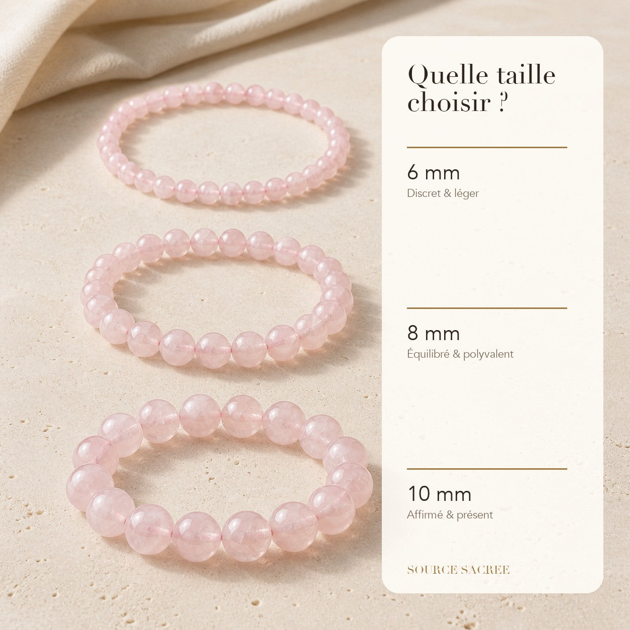 Bracelet Quartz Rose : comparaison des perles 6 mm, 8 mm et 10 mm