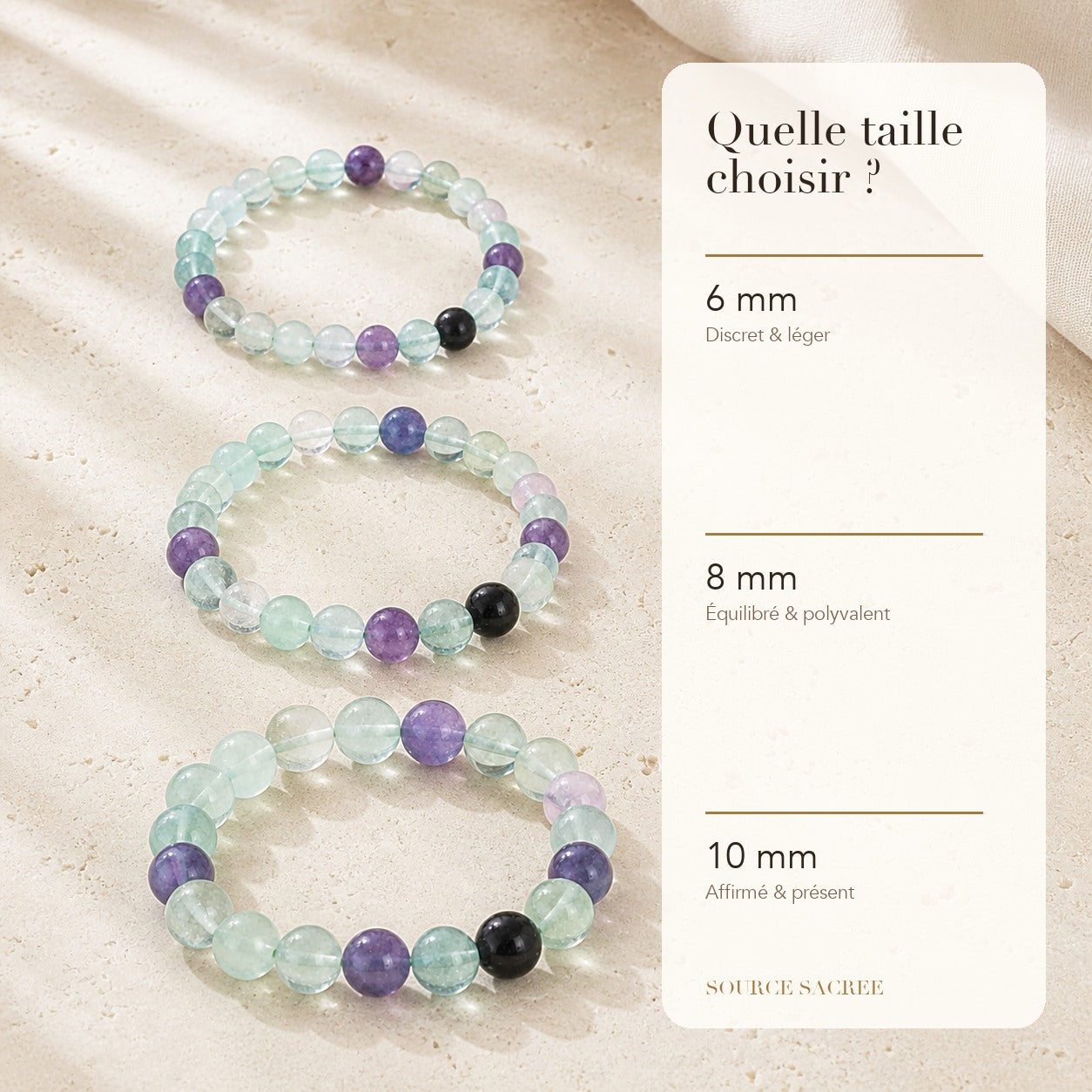 Bracelet Fluorite Multicolore : comparaison des perles 6 mm, 8 mm et 10 mm