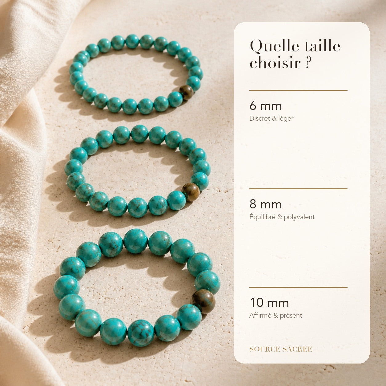 Bracelet Turquoise : comparaison des perles 6 mm, 8 mm et 10 mm