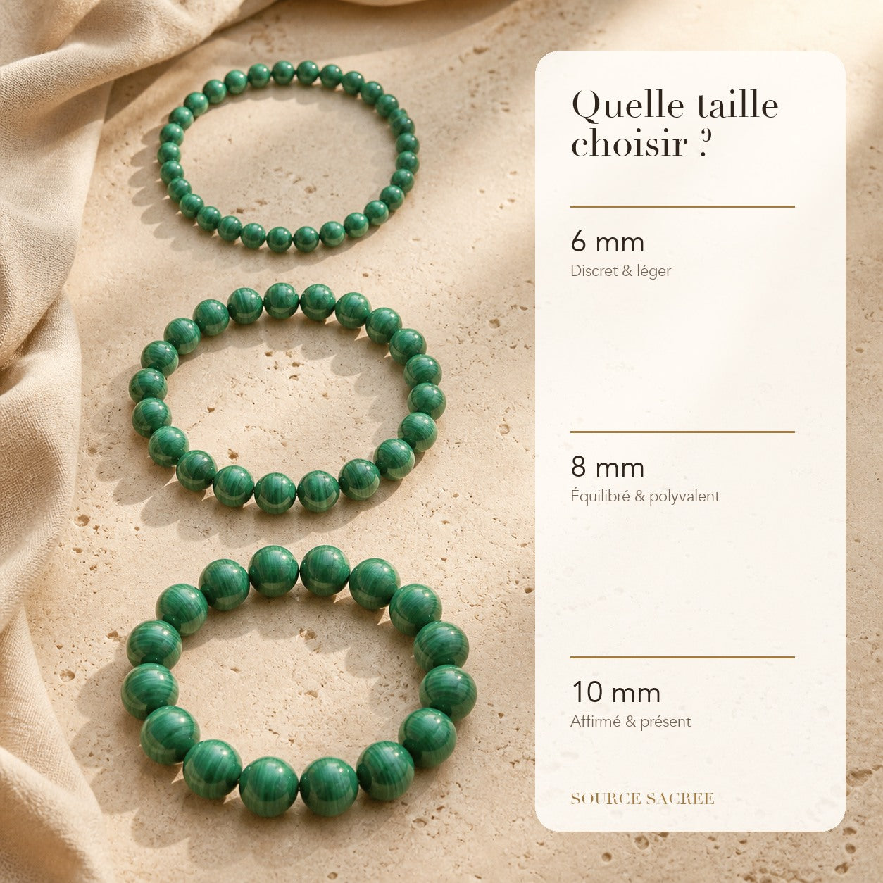 Bracelet Malachite : comparaison des perles 6 mm, 8 mm et 10 mm
