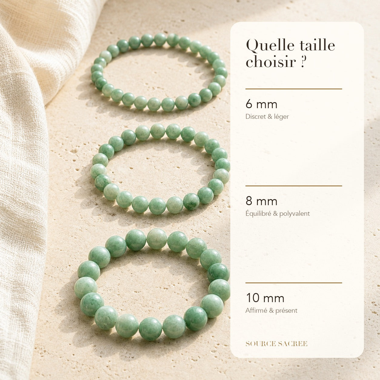 Bracelet Aventurine Verte : comparaison des perles 6 mm, 8 mm et 10 mm