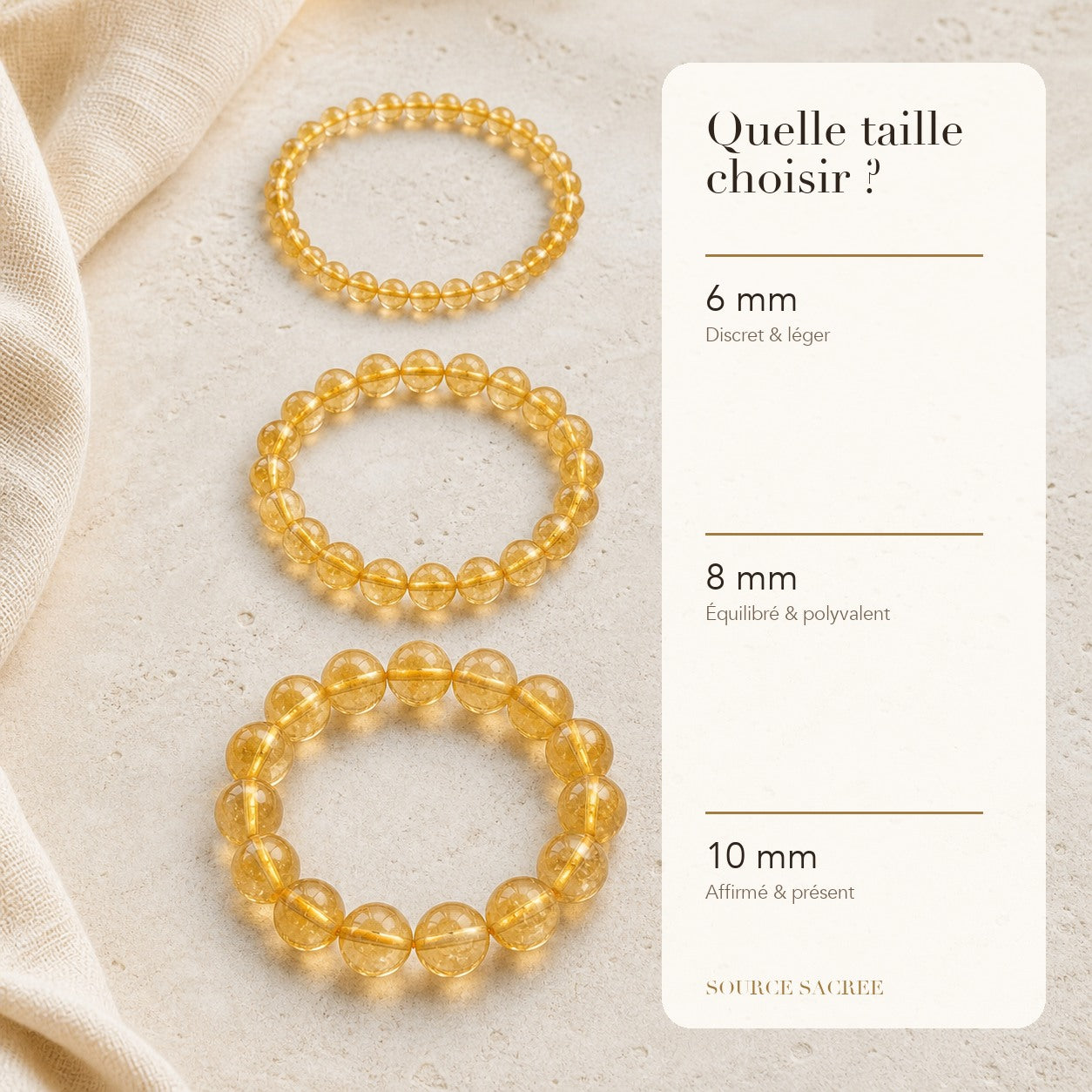 Bracelet Citrine : comparaison des perles 6 mm, 8 mm et 10 mm