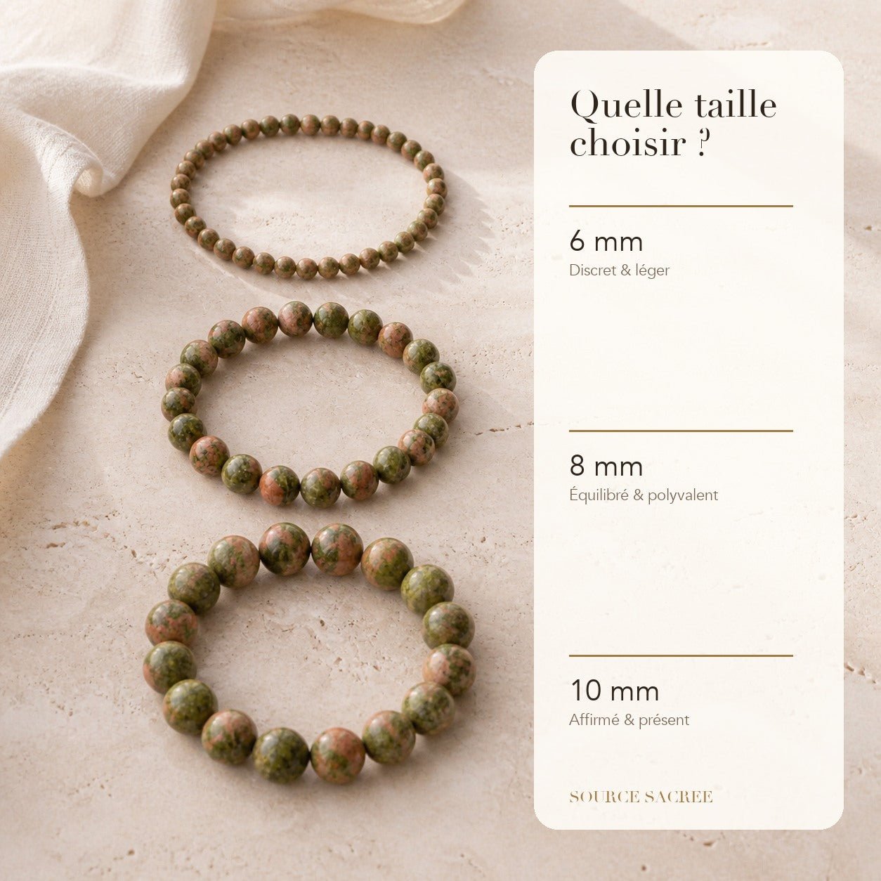 Bracelet Unakite : comparaison des perles 6 mm, 8 mm et 10 mm