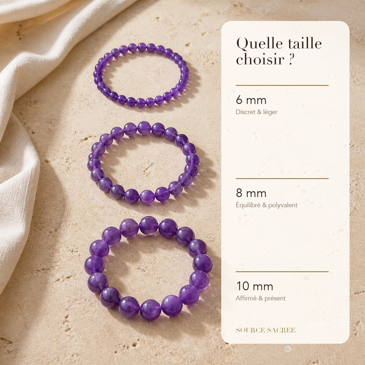 Bracelet Améthyste : comparaison des perles 6 mm, 8 mm et 10 mm