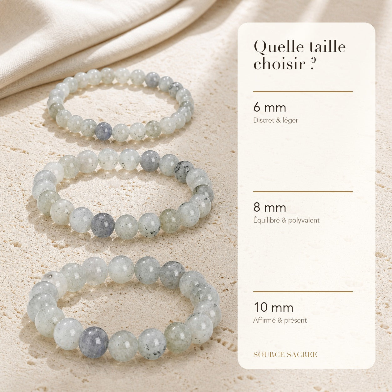 Bracelet Labradorite Blanche : comparaison des perles 6 mm, 8 mm et 10 mm