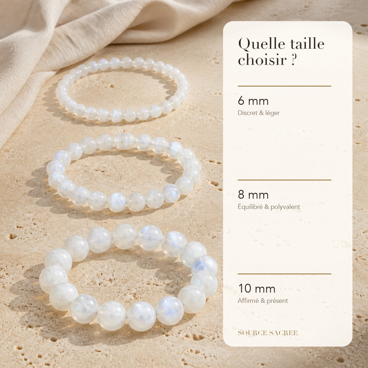 Bracelet Pierre de Lune : comparaison des perles 6 mm, 8 mm et 10 mm