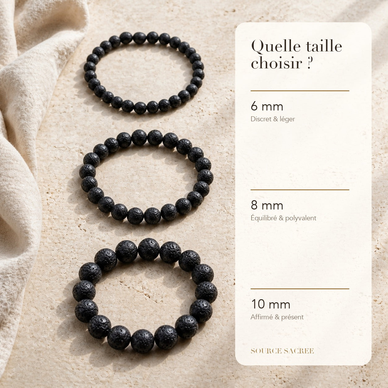 Bracelet Tourmaline Noire : comparaison des perles 6 mm, 8 mm et 10 mm