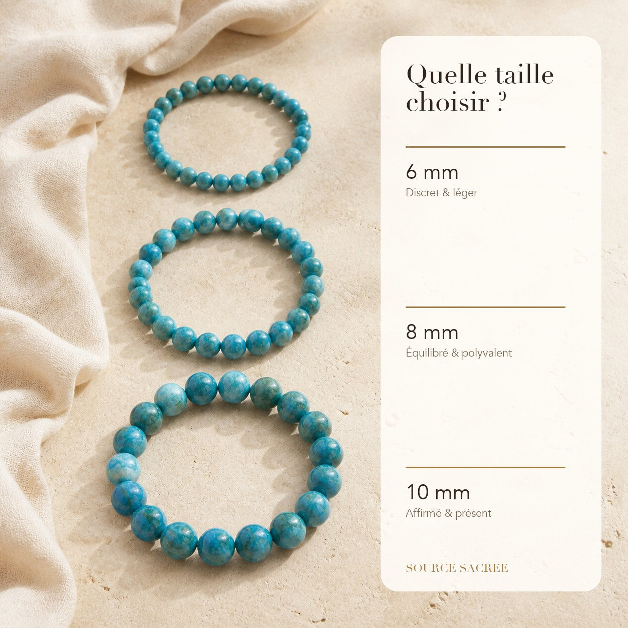 Bracelet Apatite Bleue : comparaison des perles 6 mm, 8 mm et 10 mm